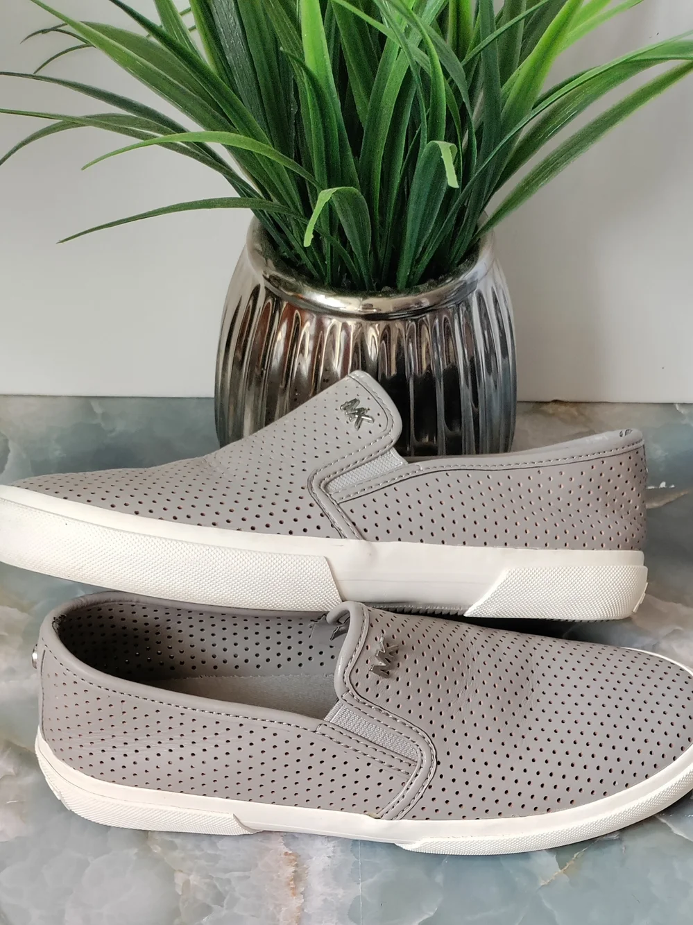 Michael Kors Keaton Perforated Leather Slip-On Sneakers Gray Size 6